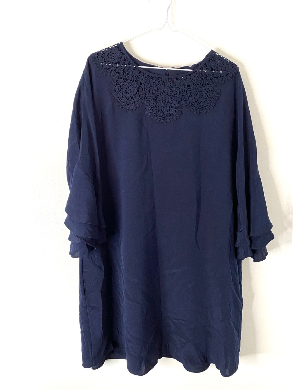 Kobi Halperin Navy Silk Midi Dress Lace Detail Bell Sleeve Keyhole Tie Back